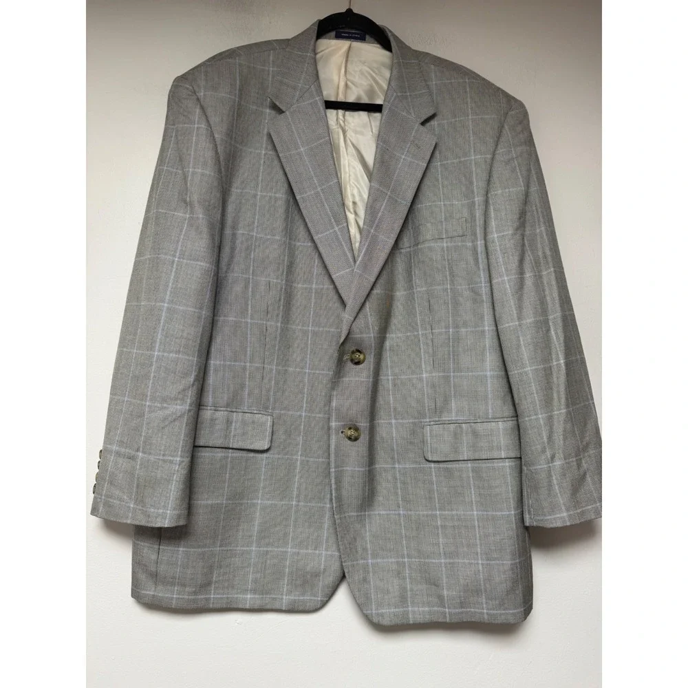 Mens 46R Grey Plaid Silk Wool Blend Sport Coat Blazer Jacket